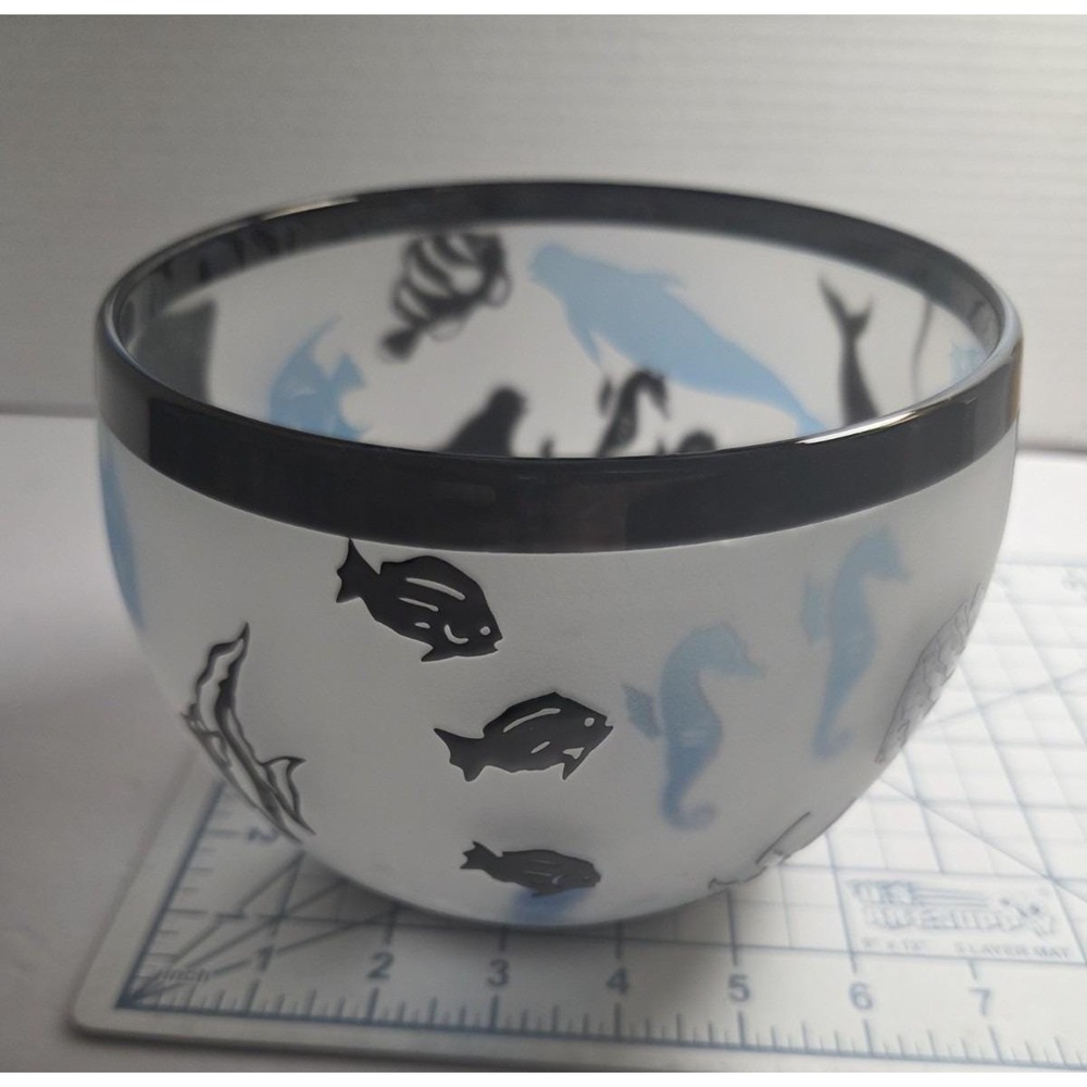 Ltd Edition Vtg 1999 Correia Glass Aqua Black Sea Life Art BOWL Signed #2 Of 500